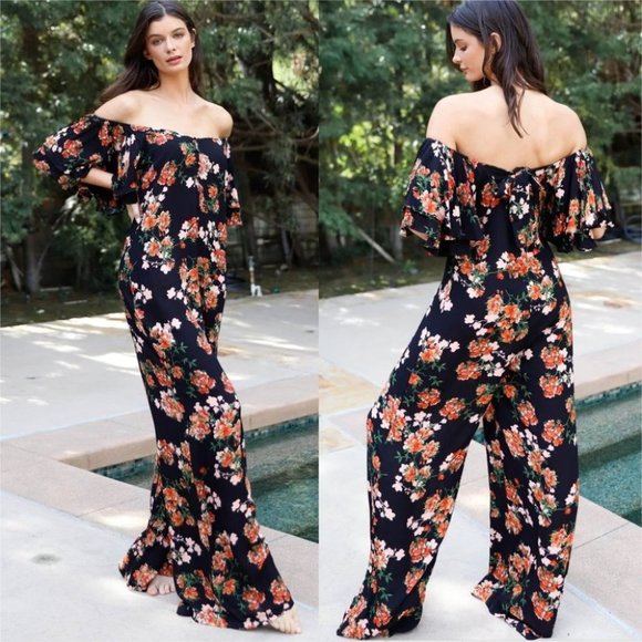 Floral Print Off-The-Shoulder Flare Sleeve Back Tie Detail Wide Leg Jumpsuit - Picture 1 of 6